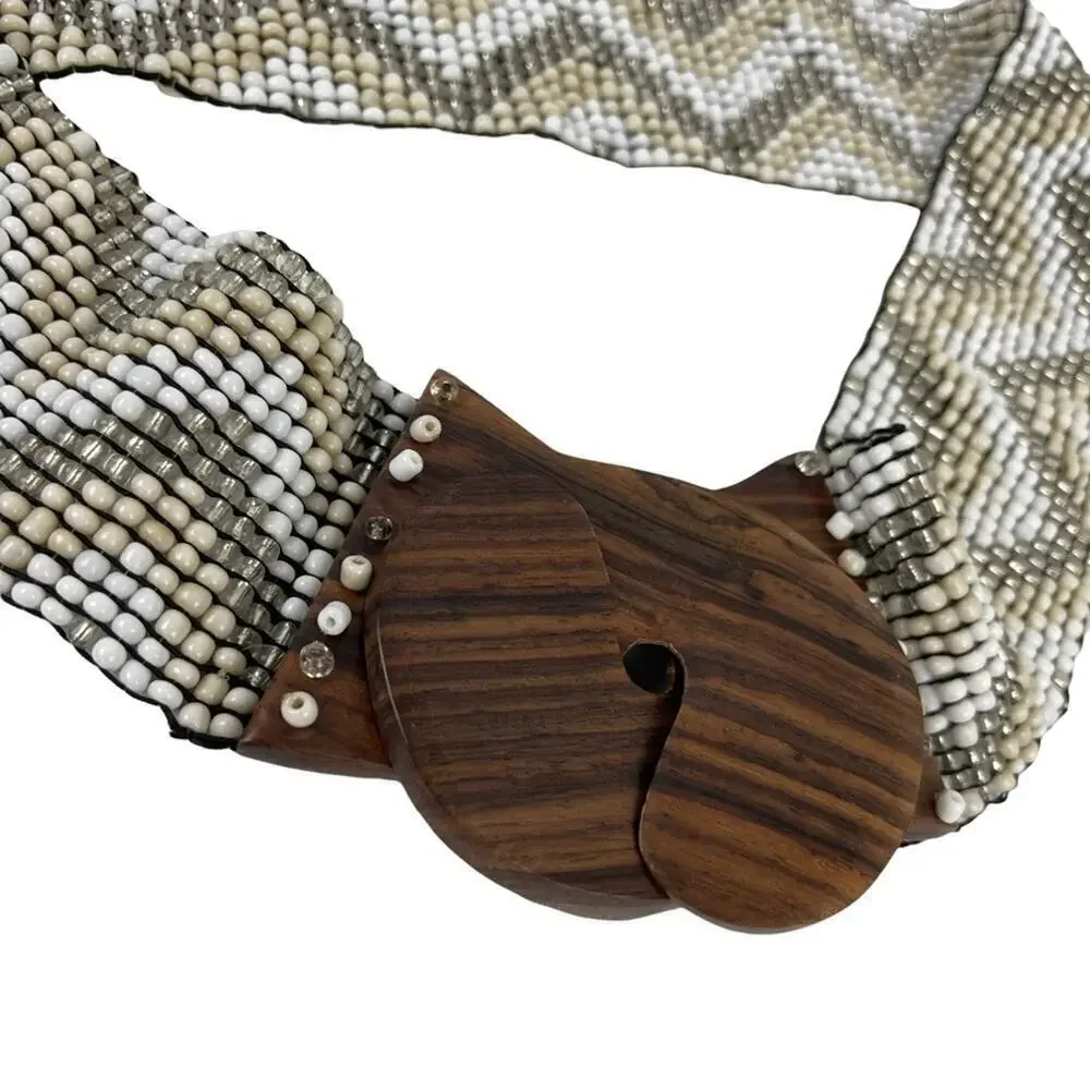 Vintage Hand-made Boho Belt Stretchy Beaded Bali Belt with Wooden Hook Buckle
